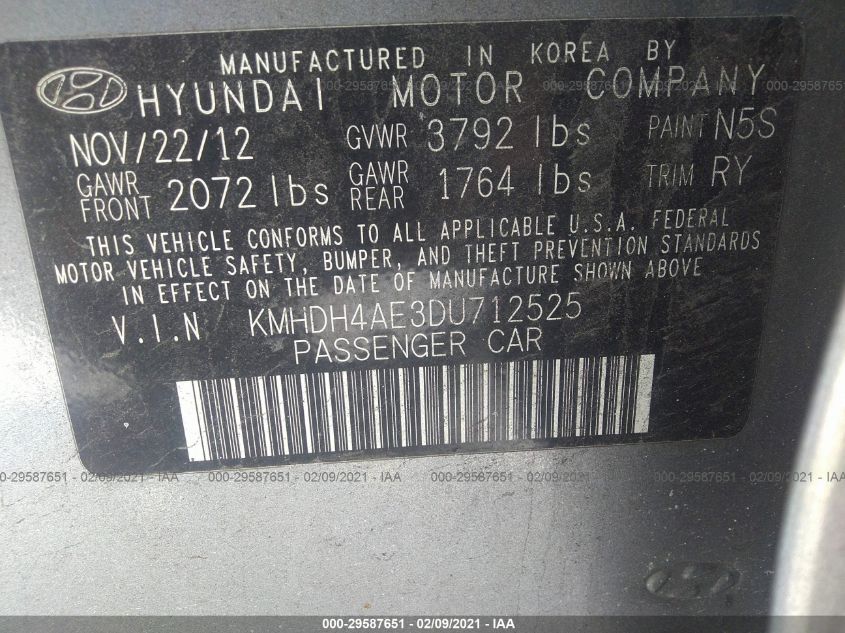 2013 HYUNDAI ELANTRA LIMITED KMHDH4AE3DU712525