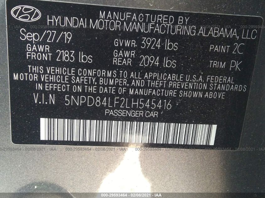 2020 HYUNDAI ELANTRA SEL 5NPD84LF2LH545416
