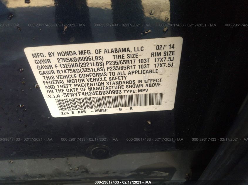 2014 HONDA PILOT LX 5FNYF4H24EB030903