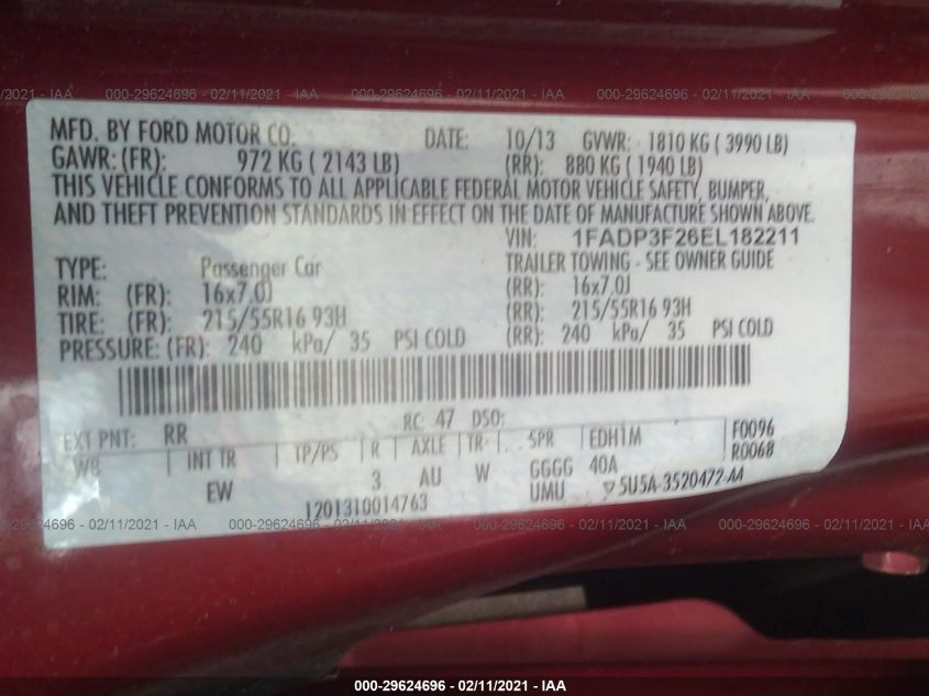 2014 FORD FOCUS SE 1FADP3F26EL182211