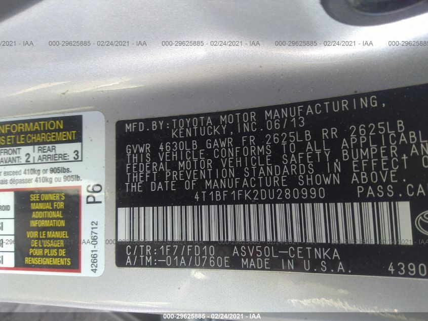 2013 TOYOTA CAMRY L/LE/SE/XLE 4T1BF1FK2DU280990