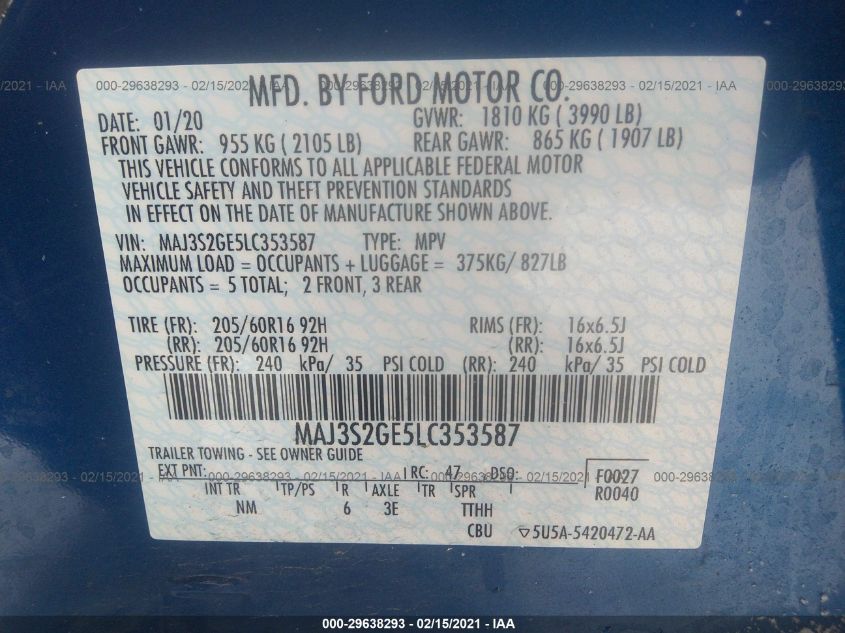 2020 FORD ECOSPORT SE MAJ3S2GE5LC353587