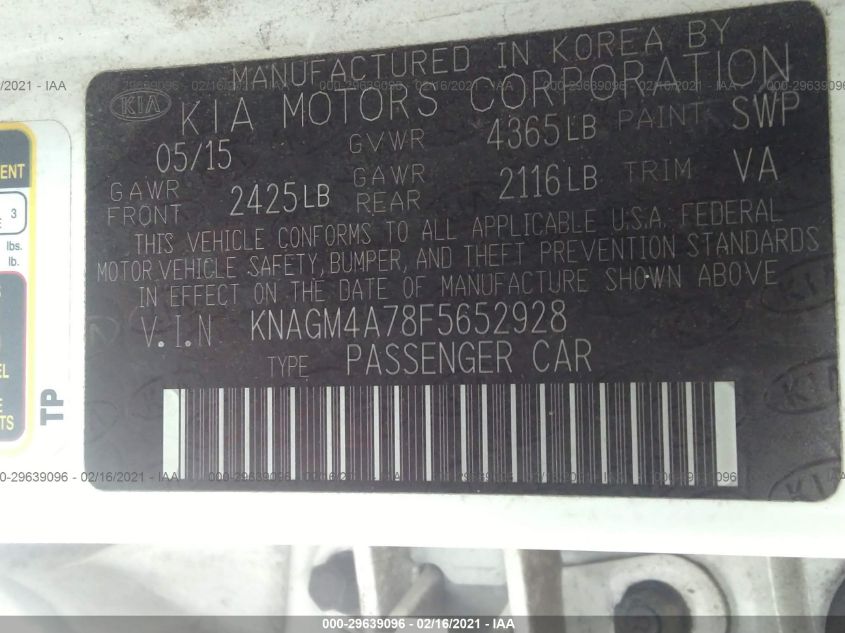 2015 KIA OPTIMA LX KNAGM4A78F5652928