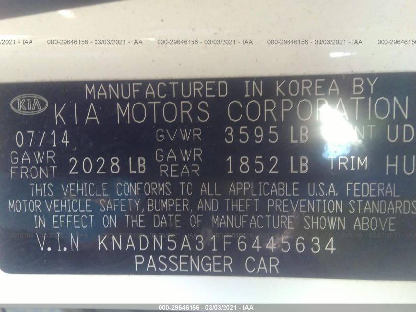2015 KIA RIO EX KNADN5A31F6445634