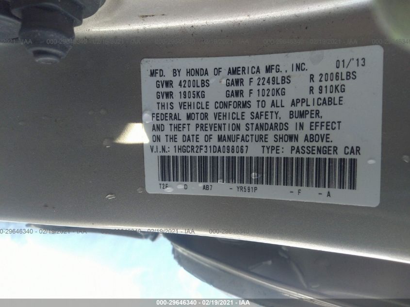2013 HONDA ACCORD SDN LX 1HGCR2F31DA098067