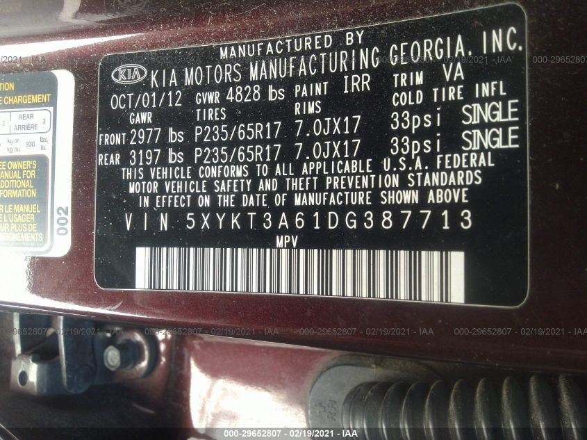 2013 KIA SORENTO LX 5XYKT3A61DG387713