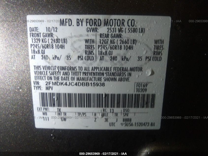 2013 FORD EDGE SEL 2FMDK4JC4DBB15938