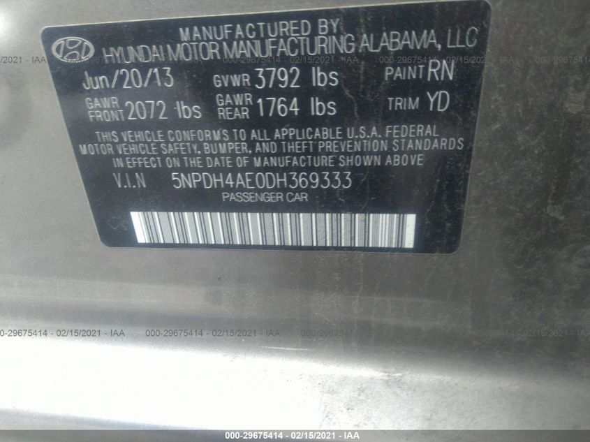 2013 HYUNDAI ELANTRA GLS 5NPDH4AE0DH369333