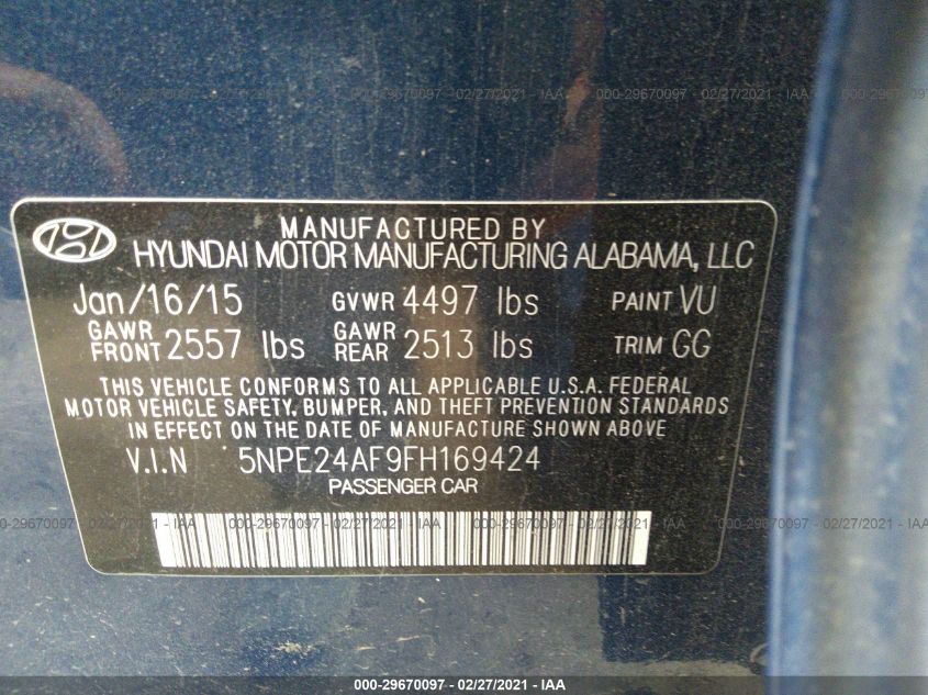 2015 HYUNDAI SONATA 2.4L 5NPE24AF9FH169424