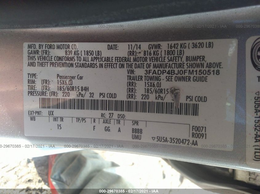 2015 FORD FIESTA SE 3FADP4BJ0FM150518