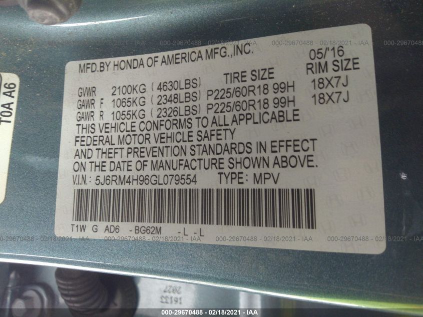 2016 HONDA CR-V TOURING 5J6RM4H96GL079554