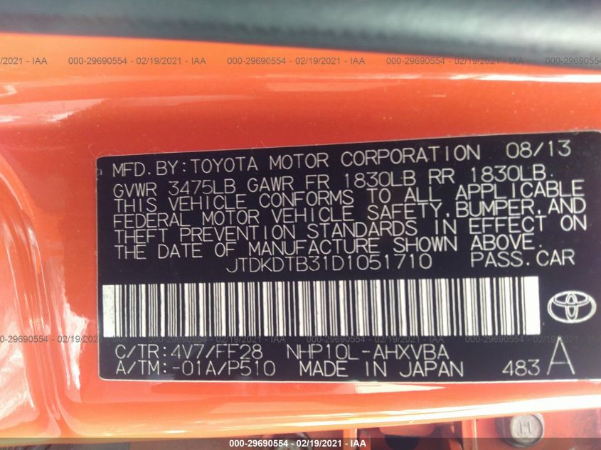 2013 TOYOTA PRIUS C ONE/TWO/THREE/FOUR JTDKDTB31D1051710