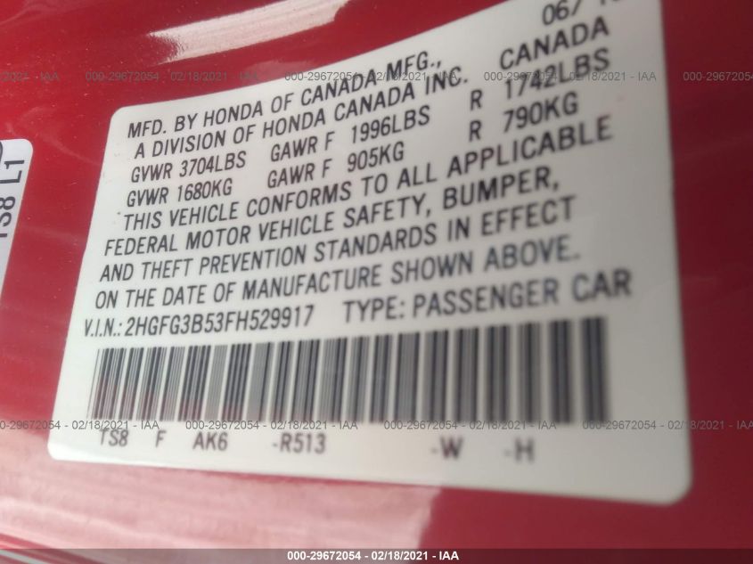 2015 HONDA CIVIC COUPE LX 2HGFG3B53FH529917