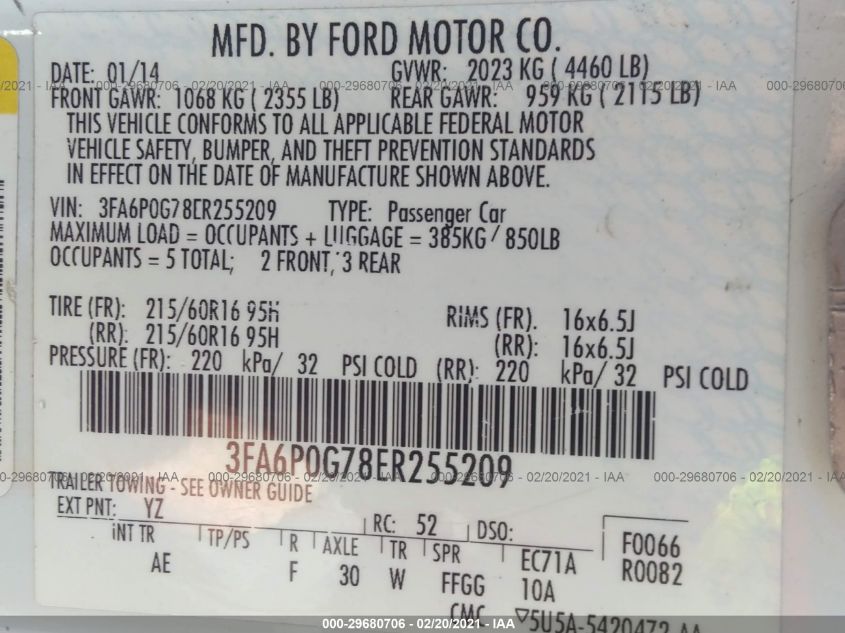 2014 FORD FUSION S 3FA6P0G78ER255209