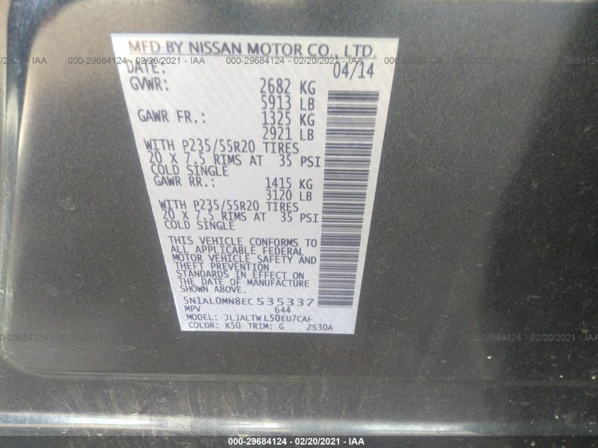 2014 INFINITI QX60 5N1AL0MN8EC535337