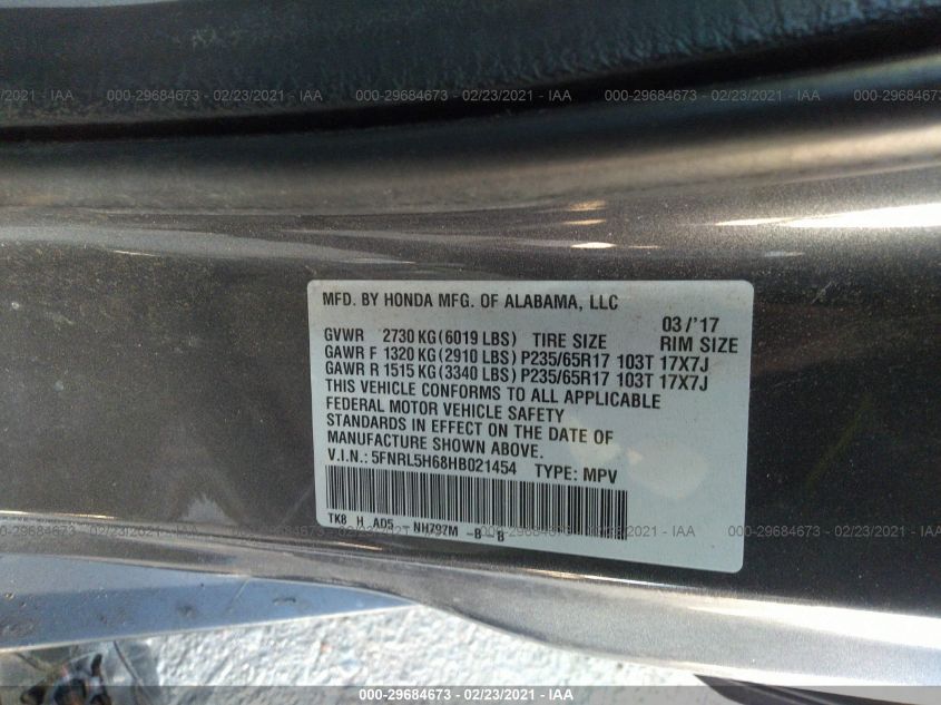 5FNRL5H68HB021454 2017 HONDA ODYSSEY, photo no. 9