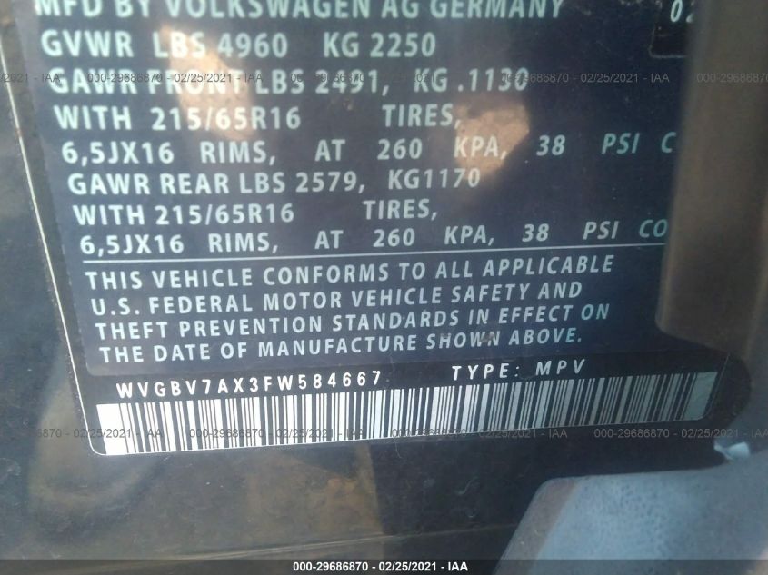 2015 VOLKSWAGEN TIGUAN S WVGBV7AX3FW584667