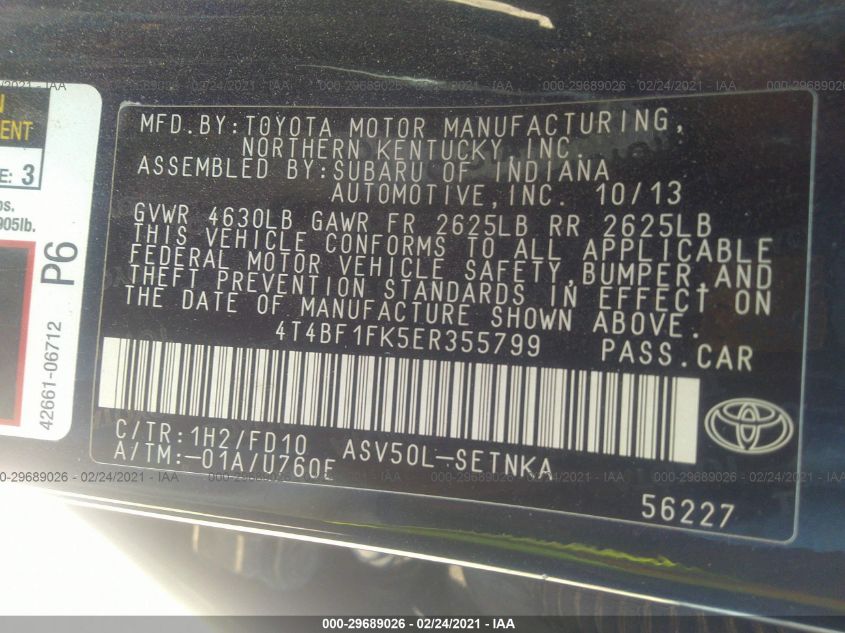 2014 TOYOTA CAMRY L/LE/XLE/SE/SE SPORT 4T4BF1FK5ER355799
