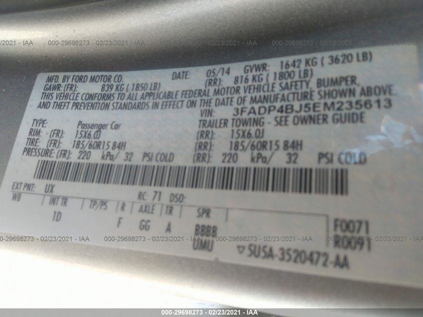 2014 FORD FIESTA SE 3FADP4BJ5EM235613