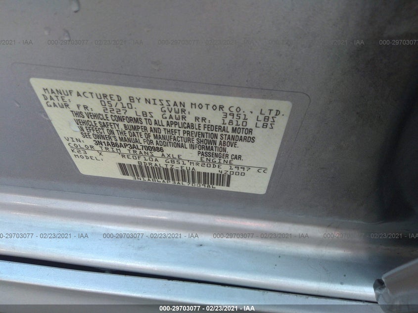 2010 NISSAN SENTRA VIN: 3N1AB6AP3AL700986