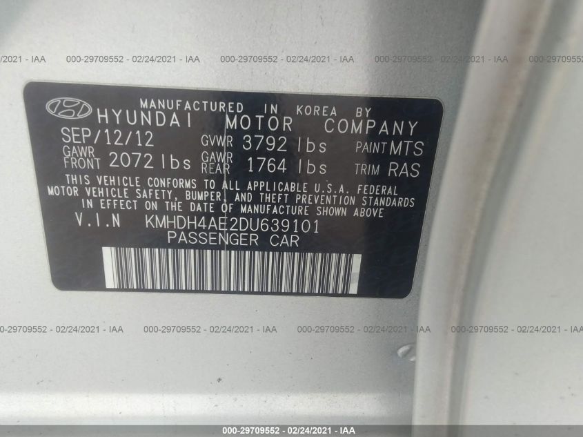 2013 HYUNDAI ELANTRA LIMITED KMHDH4AE2DU639101