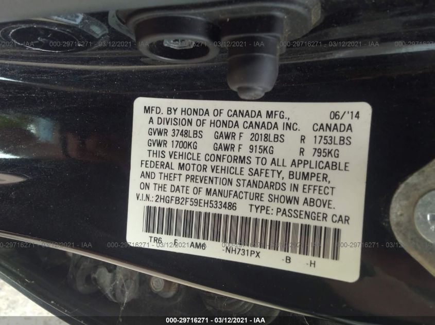 2014 HONDA CIVIC SEDAN LX 2HGFB2F59EH533486