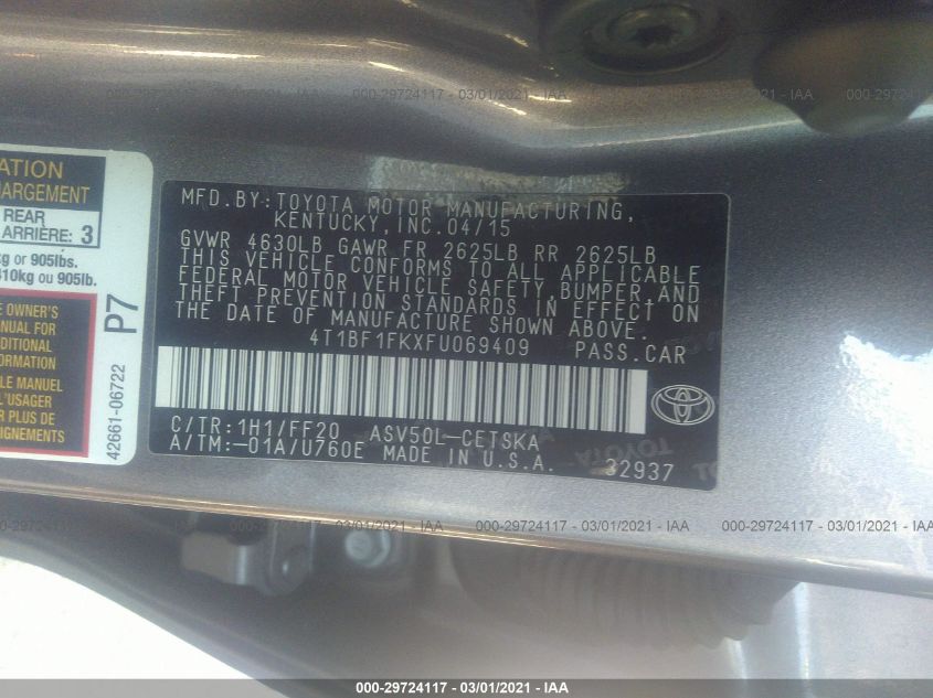 2015 TOYOTA CAMRY XLE/SE/LE/XSE 4T1BF1FKXFU069409