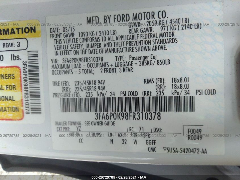 2015 FORD FUSION TITANIUM 3FA6P0K98FR310378
