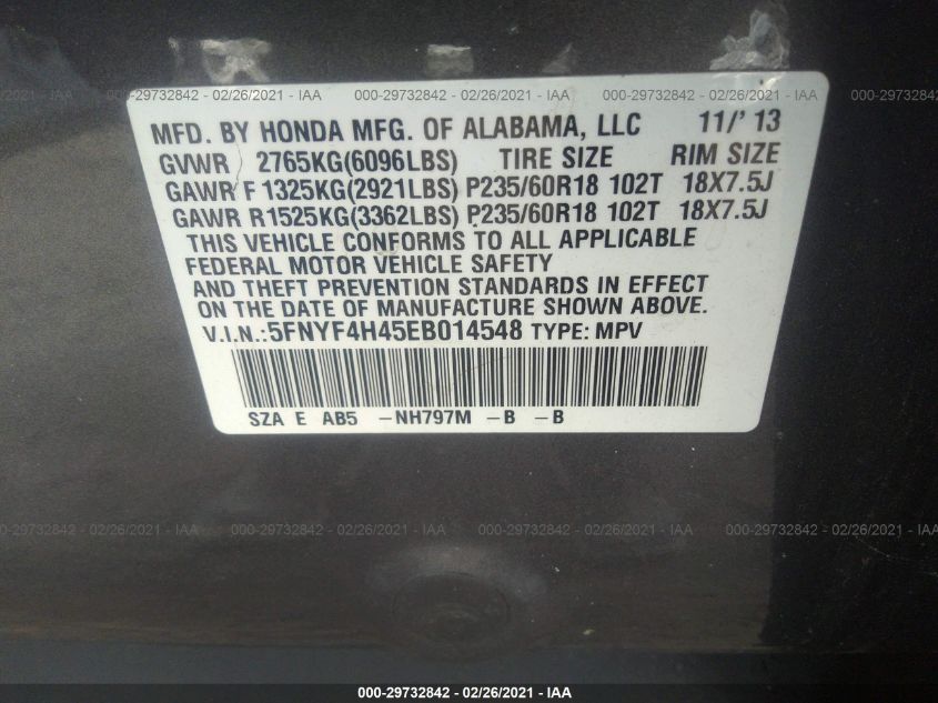 2014 HONDA PILOT EX 5FNYF4H45EB014548