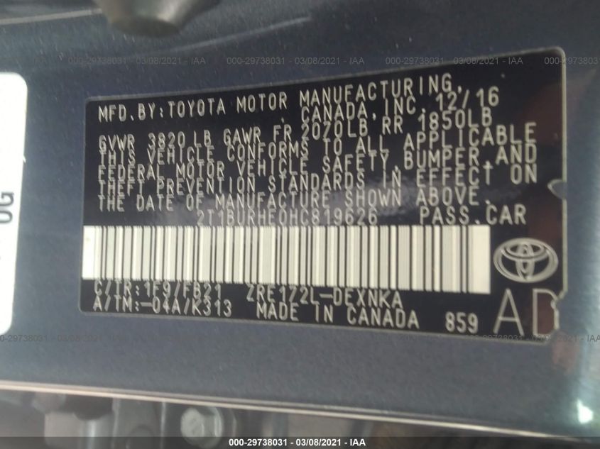 2017 TOYOTA COROLLA L/LE/XLE/SE 2T1BURHE0HC819626