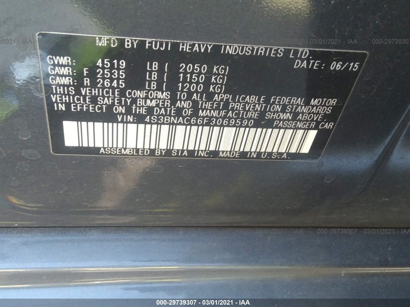 SUBARU LEGACY 2015 4S3BNAC66F3069590 Photo 9