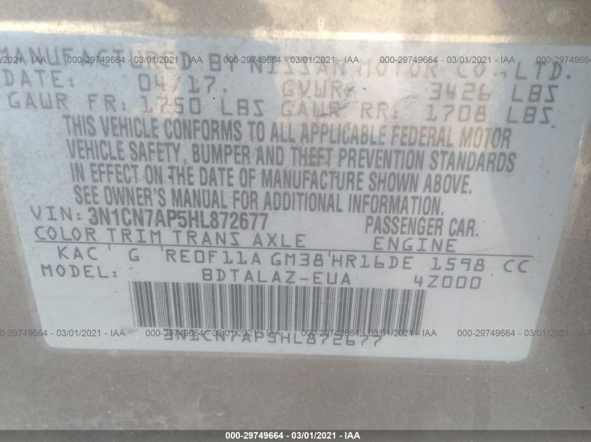 2017 NISSAN VERSA SEDAN S PLUS 3N1CN7AP5HL872677