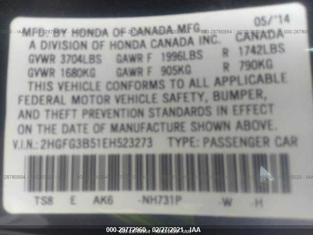 2014 HONDA CIVIC COUPE LX 2HGFG3B51EH523273
