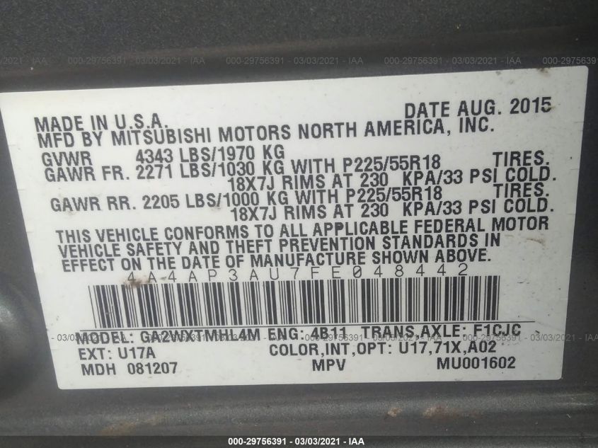 2015 MITSUBISHI OUTLANDER SPORT ES 4A4AP3AU7FE048442