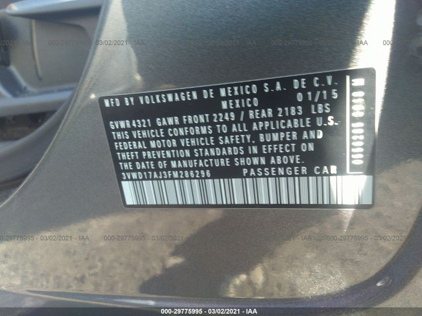 2015 VOLKSWAGEN JETTA SEDAN 1.8T SE 3VWD17AJ3FM286296