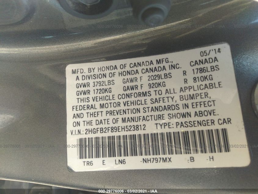 2014 HONDA CIVIC SEDAN EX 2HGFB2F89EH523812