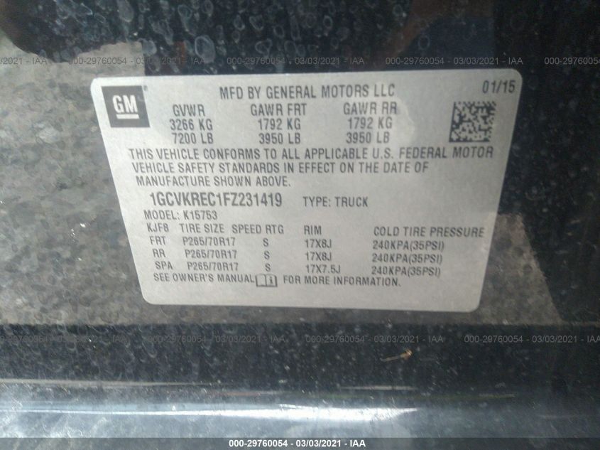 2015 CHEVROLET SILVERADO 1500 LT 1GCVKREC1FZ231419