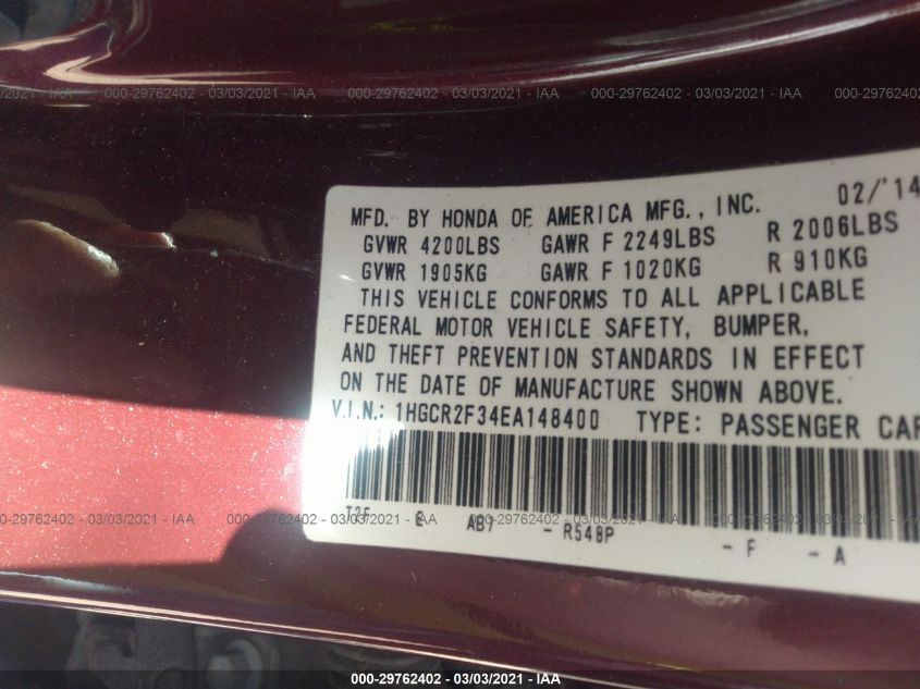 2014 HONDA ACCORD SEDAN LX 1HGCR2F34EA148400