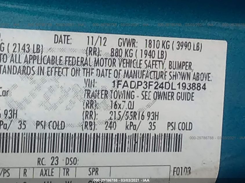 2013 FORD FOCUS SE 1FADP3F24DL193884