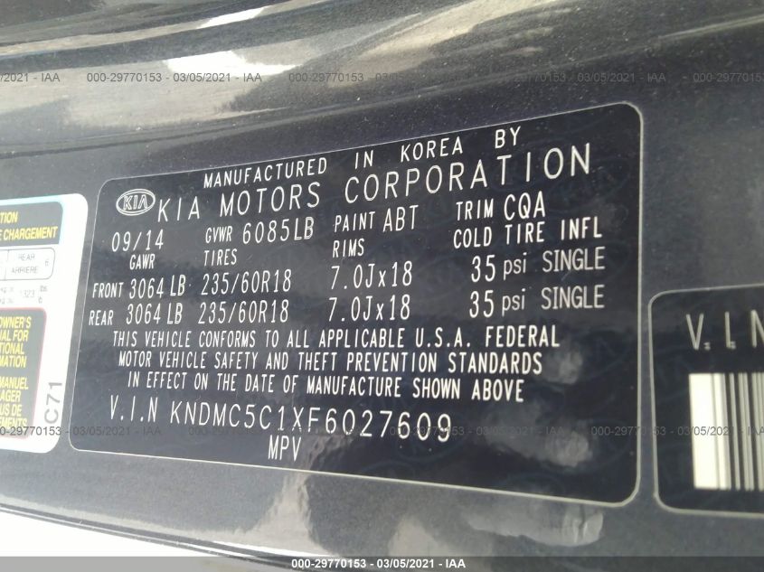 2015 KIA SEDONA EX KNDMC5C1XF6027609