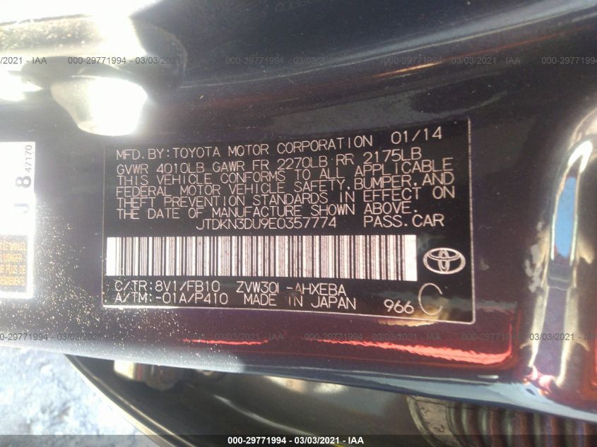 2014 TOYOTA PRIUS FOUR/FIVE/THREE/ONE/TWO JTDKN3DU9E0357774
