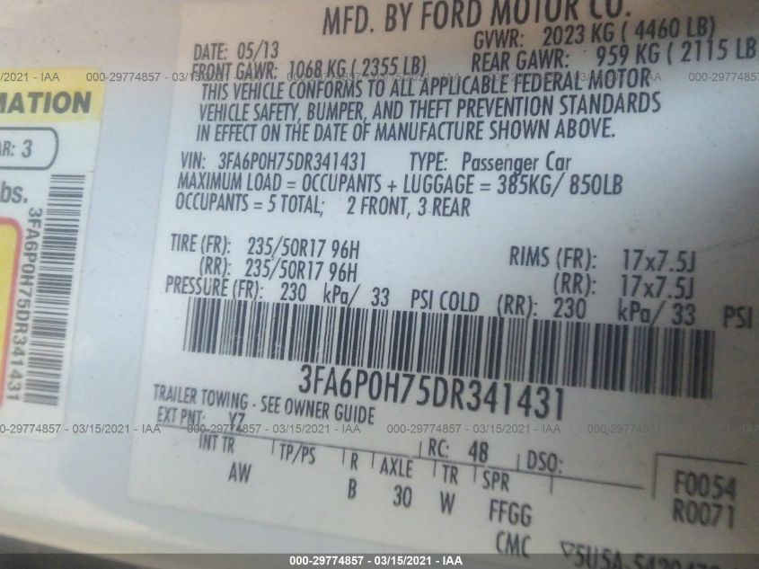 2013 FORD FUSION SE 3FA6P0H75DR341431