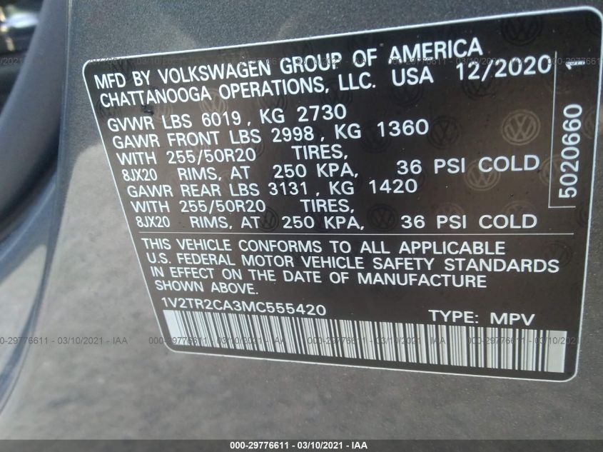 2021 VOLKSWAGEN ATLAS 3.6L V6 SEL PREMIUM 1V2TR2CA3MC555420