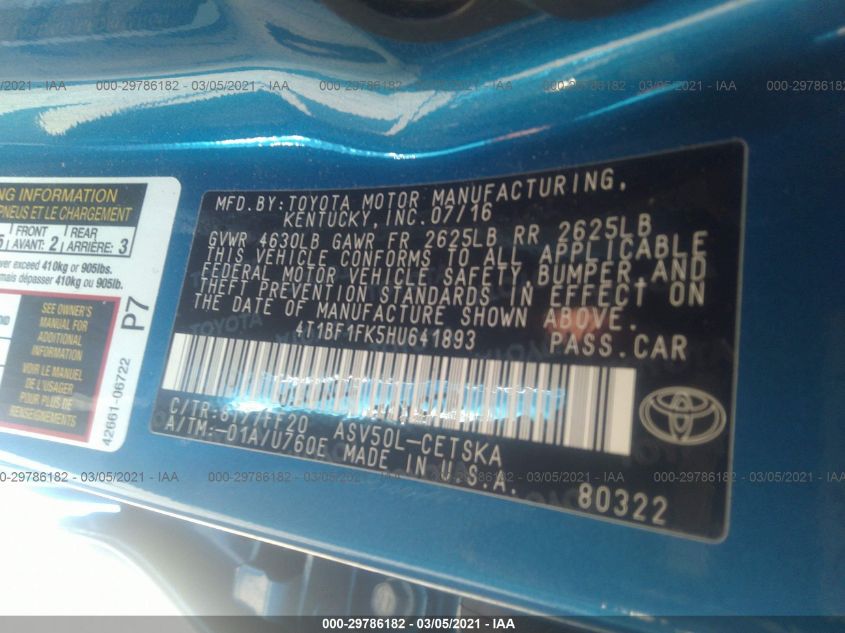 2017 TOYOTA CAMRY SE 4T1BF1FK5HU641893