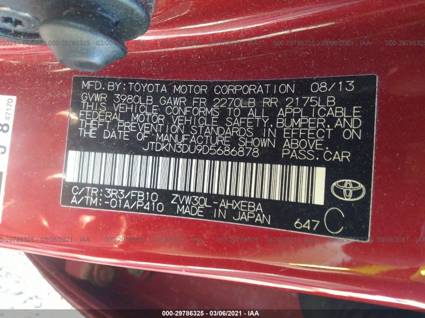 2013 TOYOTA PRIUS ONE/TWO/THREE/FOUR/FIVE JTDKN3DU9D5686878