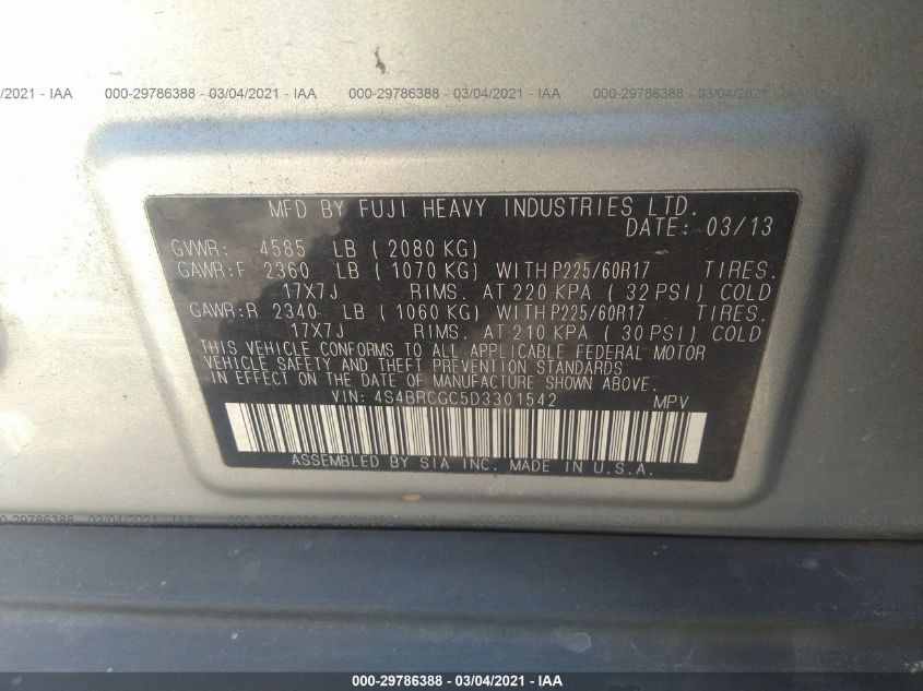 2013 SUBARU OUTBACK 2.5I PREMIUM 4S4BRCGC5D3301542