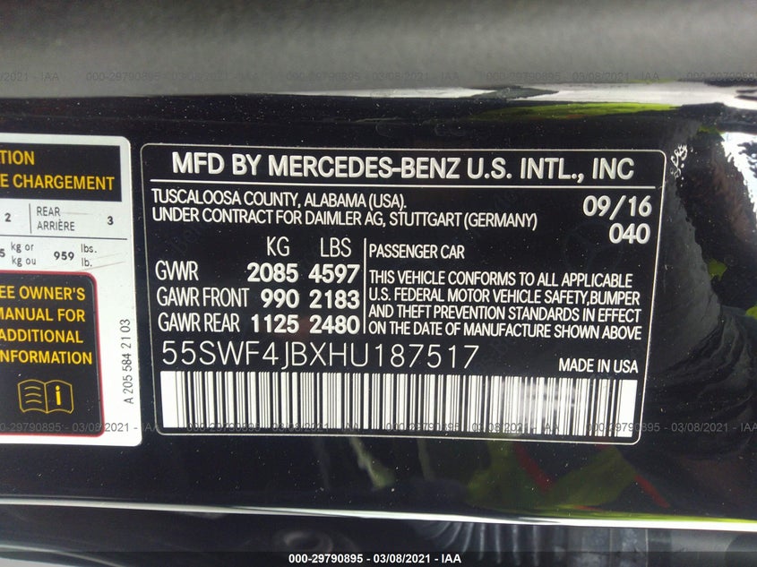 Auction sale of the 2017 MERCEDES BENZ C CLASS , vin: 55SWF4JBXHU187517, lot number: 29790895