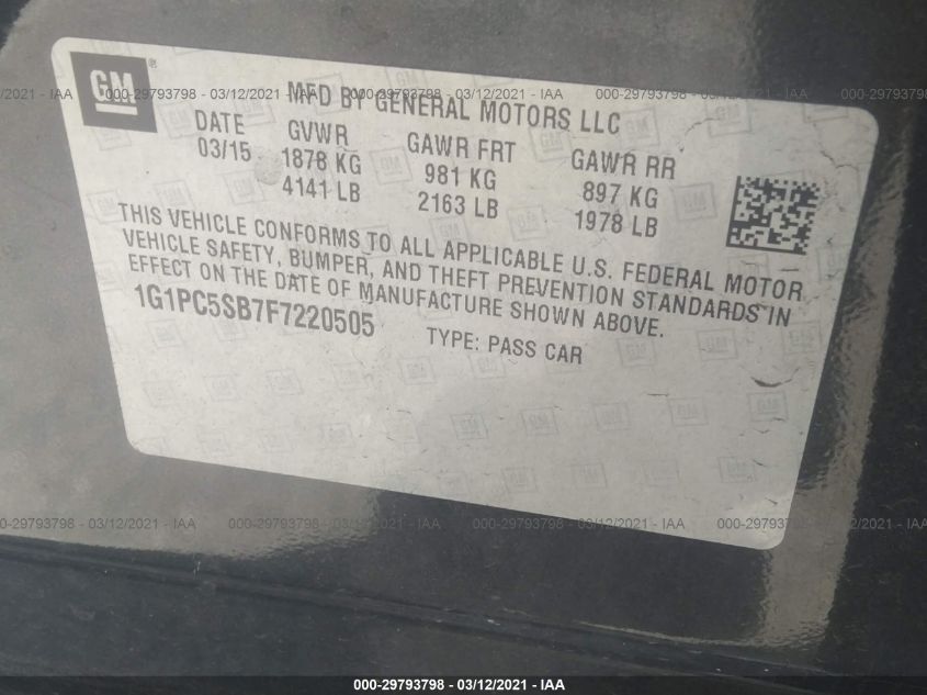 2015 CHEVROLET CRUZE LT 1G1PC5SB7F7220505