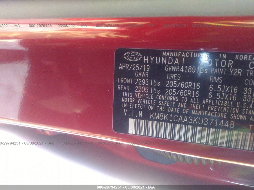 2019 HYUNDAI KONA SE KM8K1CAA3KU371448