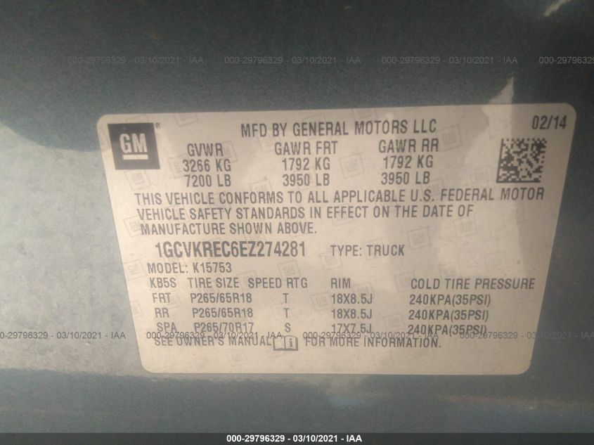2014 CHEVROLET SILVERADO 1500 LT 1GCVKREC6EZ274281